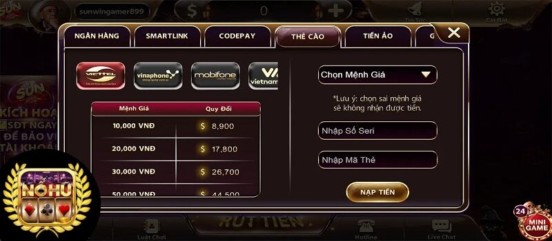 Quy trình nạp tiền dễ thành công